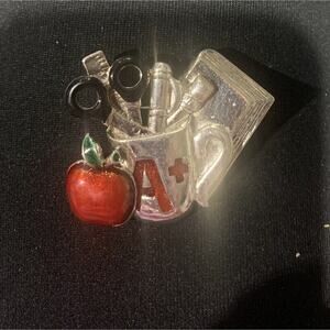 Silver Tone And Red Enamel Teacher Apple And Supples Brooch